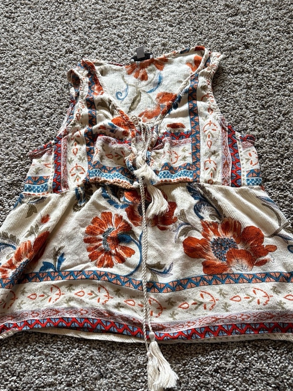 Patrons of Peace Cream Floral Tie-Front Camisole with Rust and Blue Accents